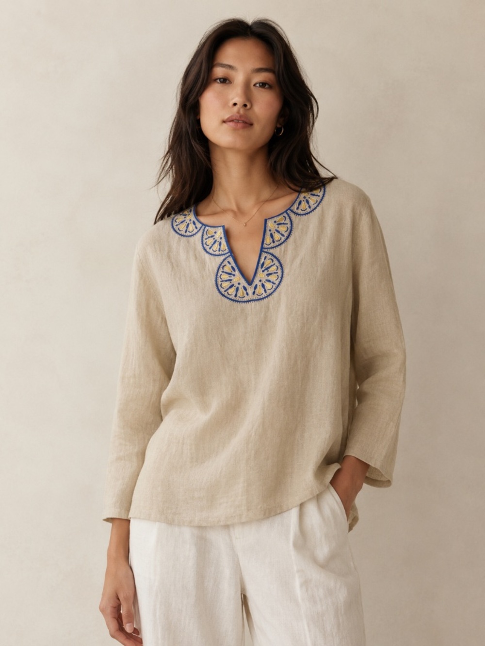 NWT Papagallo Embroidered 100% Linen Tunic XL Coastal Resort Vacation cream